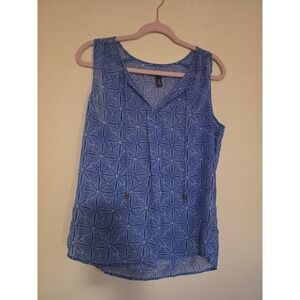 Gap Blue White Geometric Print Sleeveless Blouse Tie Neck Tank Top Womens Medium